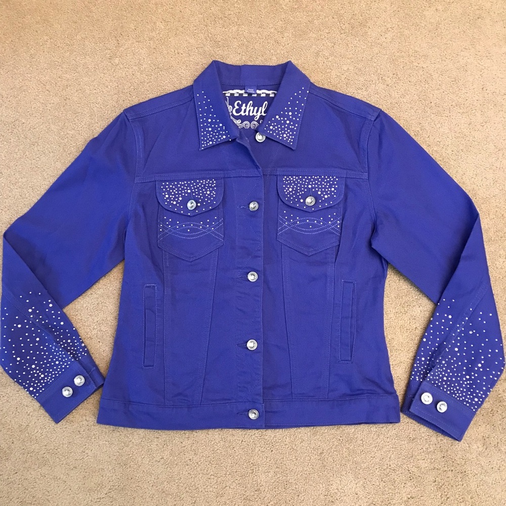 Ethyl Denim Blue Jean Jacket Womens Small Bedazzled Bling Rhinestones Cowgirl - Picture 1 of 11